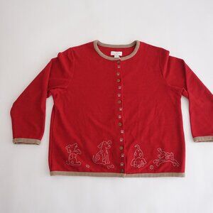VTG CJ Banks Red Dog Embroidered Button Cardigan Whimsical Grandmacore 1X